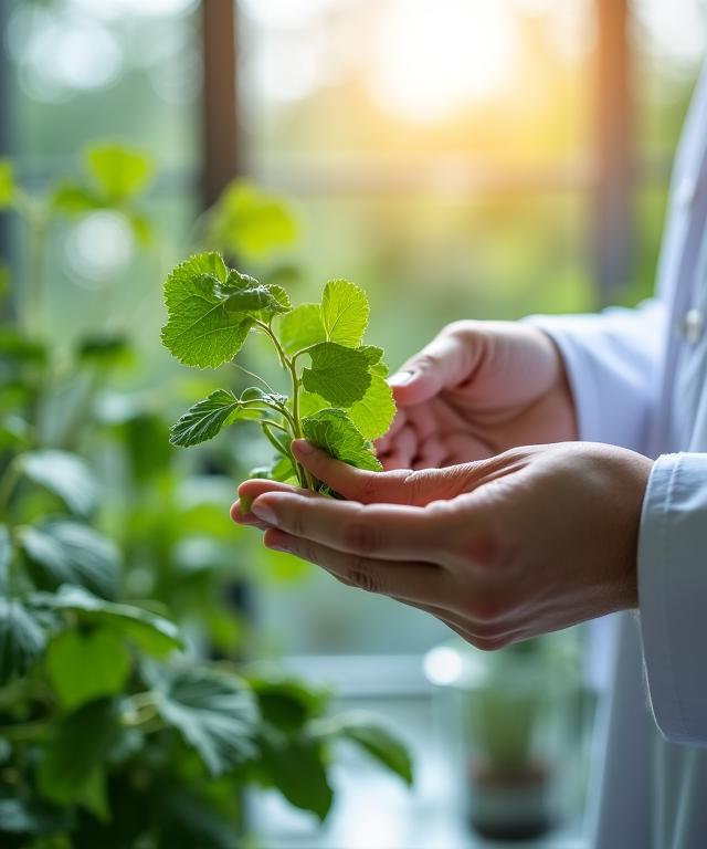 Primer plano de manos expertas examinando hojas de plantas medicinales en un entorno profesional