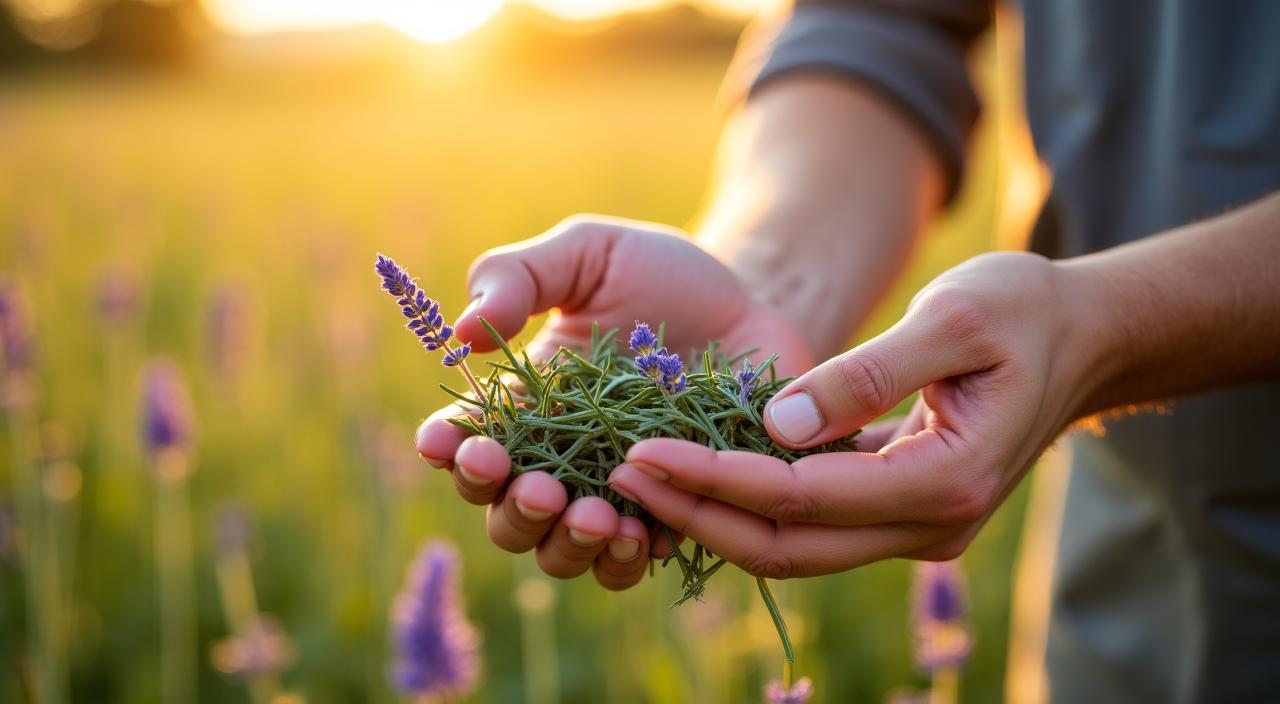 Primer plano de manos expertas seleccionando hierbas medicinales frescas en un entorno natural